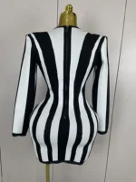 2025 Luxury Sexy Long Sleeve Stripe Black White Mini Bandage Dress Women Knitted Celebrity Elegant Evening Club Birthday Dresses - Image 3