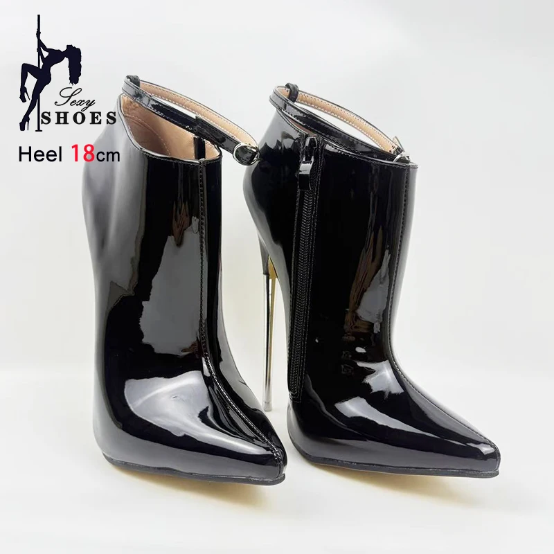 2025 New Women Fashion Ballet Boots 18CM Ultra high heels Glossy Black Pointed Short Boots Metal Stiletto Side Zip Fetish Shoes