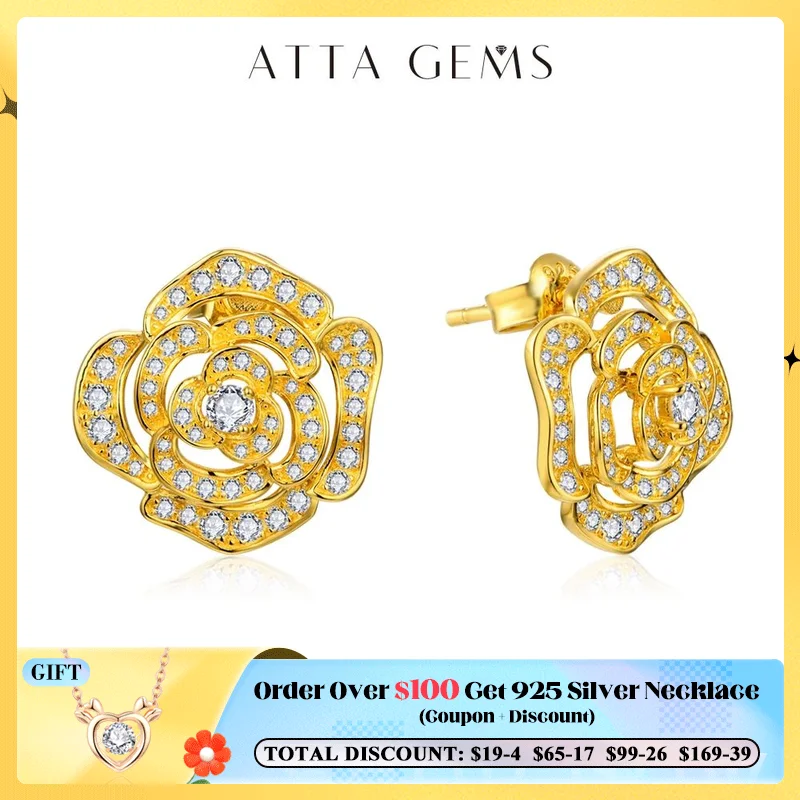 

ATTAGEMS New S925 Silver Diamond Moissanite Stud Earrings for Women 18k Gold Plated Sparkling Flower Wedding Fine Jewelry Travel