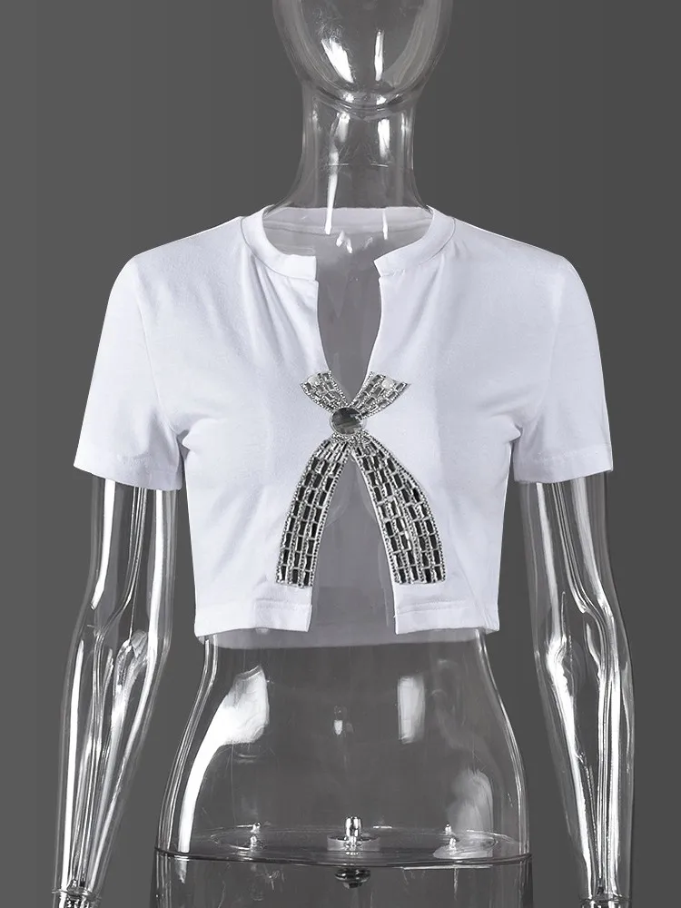 Joskaa Sexy Rhinestone Split T-Shirts Women Hipster Solid O