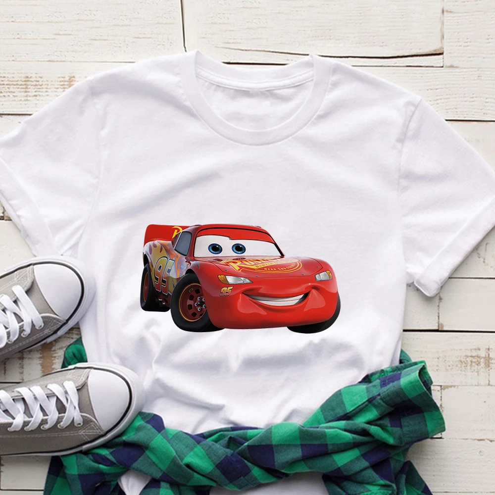 Disney White Print T-Shirt Da Donna Lightning Mcqueen Graphic Tshirt Donna Cars Series Pattern Casual Cartoon Y2K Clothes Tops