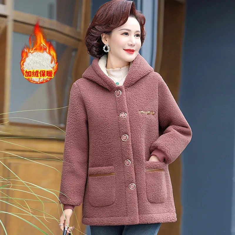 Mom Winter Lamb Cashmere Middle-aged And Elderly New Cotton-padded Clothes Fashion Loose Western-style Particle Coat Women 5XL.