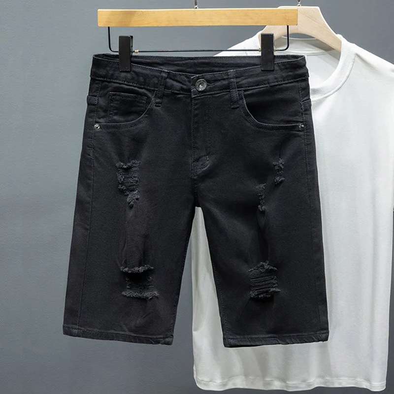 White Denim Shorts Men's Summer Fashion Ripped Soft Elastic Fit Straight Casual Korean Hole Short Jeans Hip-hop Streetwear 2