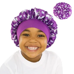 Kids' Cartoon Print Satin Sleep Bonnet - Adjustable Silky Cap - One Size (Dark purple)