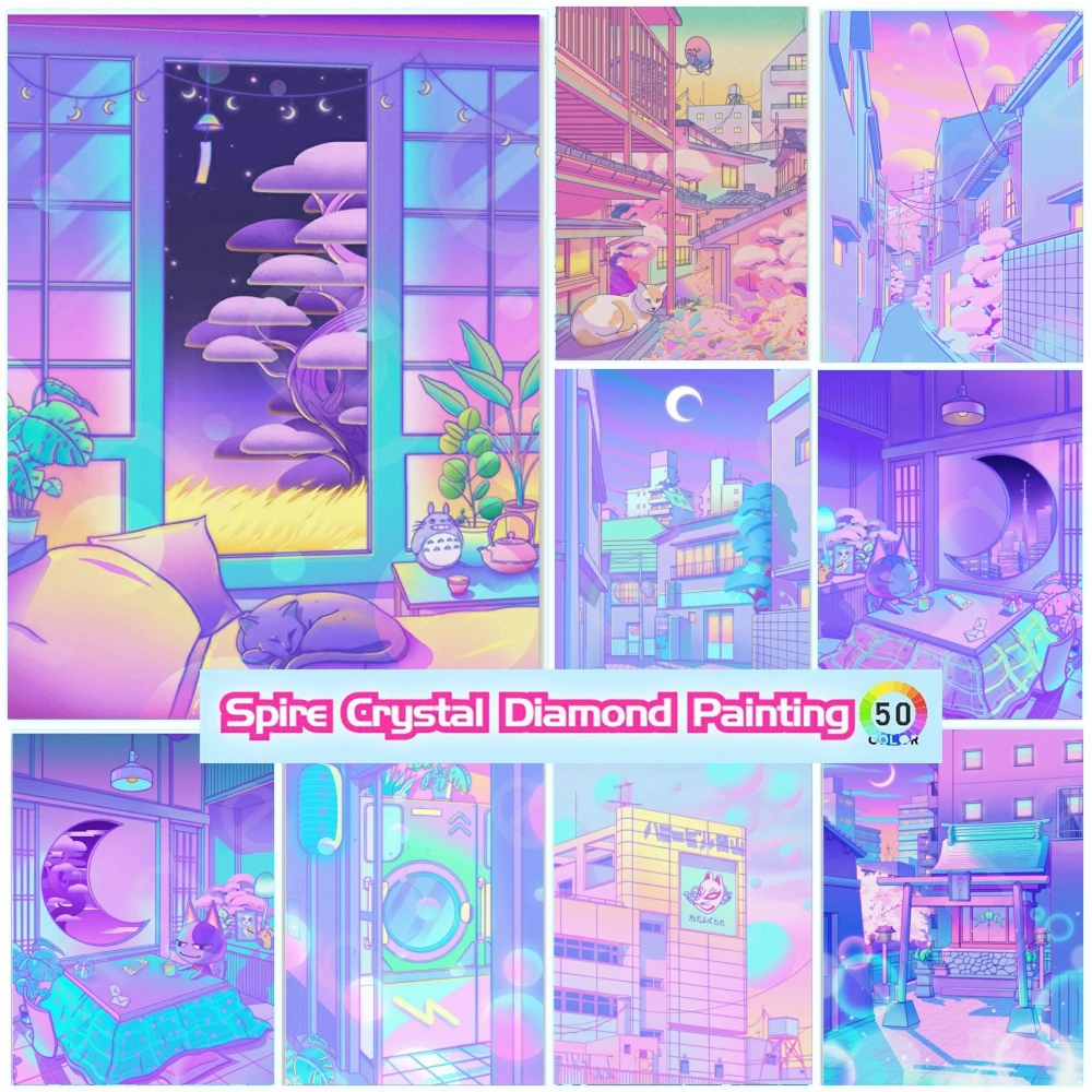 

Pink Kawaii Crystal Drills Diamond Art Painting Kits Night City Pop Kyoto Osaka Tower Street Cross Stitch Mosaic Home Decor Gift
