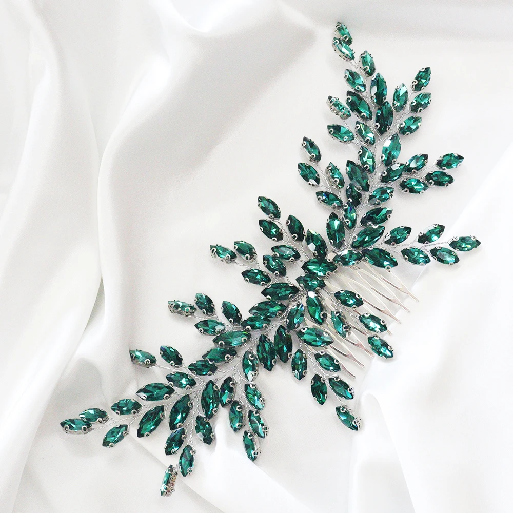 Luxury Green Full Rhinestones Headbands Women Hair Jewelry for Bride Headdress Tiaras Wedding Hair Comb Party Accessories