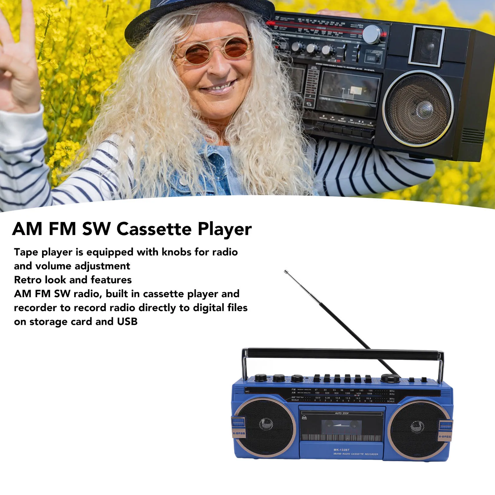 AM FM SW Cassette Player Bluetooth Vintage USB Port 3.5mm Aux In Tape Recorder Tape Player Cassette Recorder