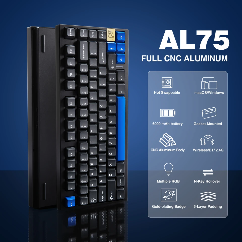 YUNZII AL75 ゲーミングキーボード ブルーグレースイッチ ブラック Amazon | YUNZII AL75 75% ゲーミングキーボード フルアルミCNC