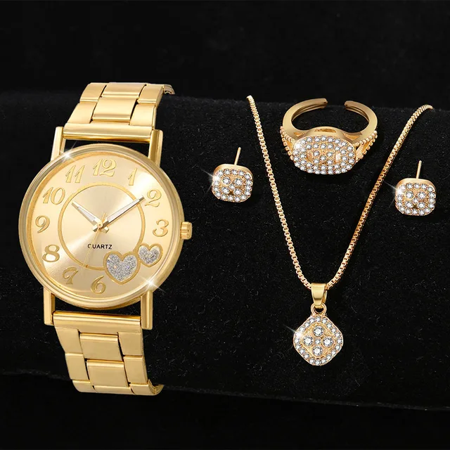 Gold 5PCS/Set Women Watch Fashion Light Luxury Love Element Dial Quartz Wristwatch Alloy Strap Watch Jewelry Set Gift For Her 1