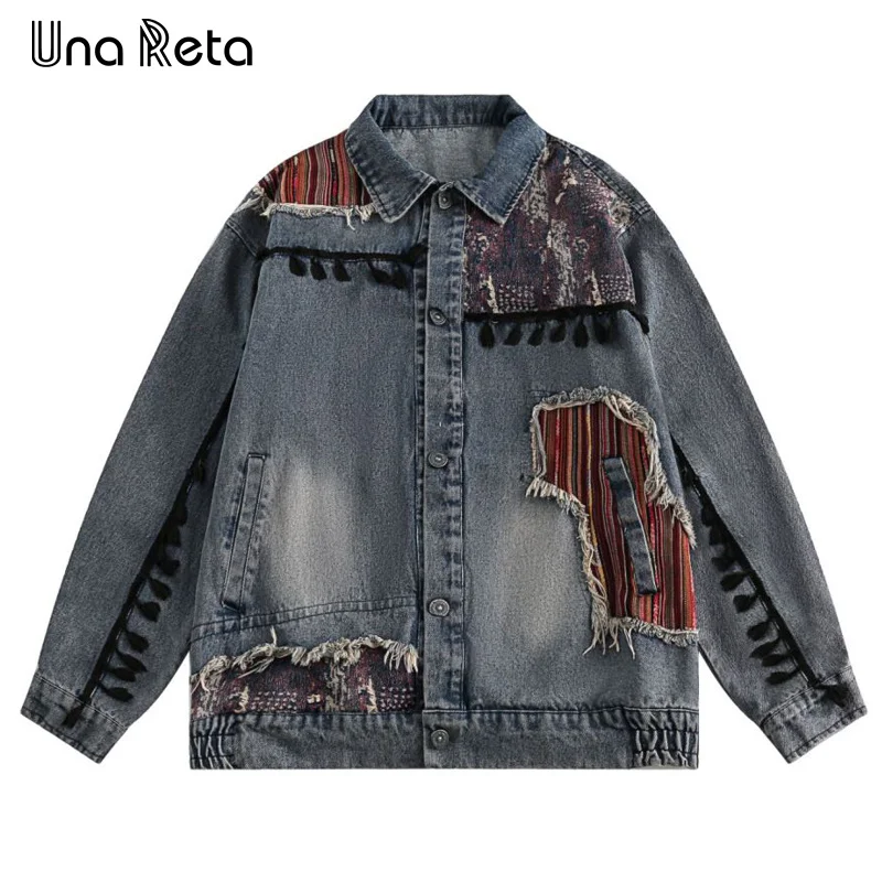 

Una Reta Men Coat Harajuku Autumn Lapel Jacket Women Hip Hop Worn Out The Splice Design Coat High Quality Denim Couple Jacket