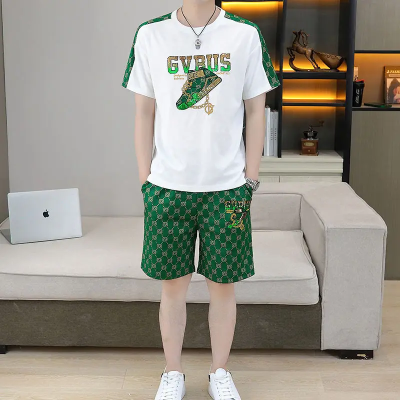 

Men's Crewneck Fashion Splicing Short Sleeve T-shirt Printed Shorts Set New Summer Youth Trend Loose Casual Sports Two-piece Set