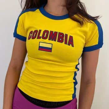 Y2k Clothes Vintage T Shirts Gothic Girls Cute 2000s Grunge Baby Streetwear Colombia Letter Embroidered Cropped Top Women Tshirt 1