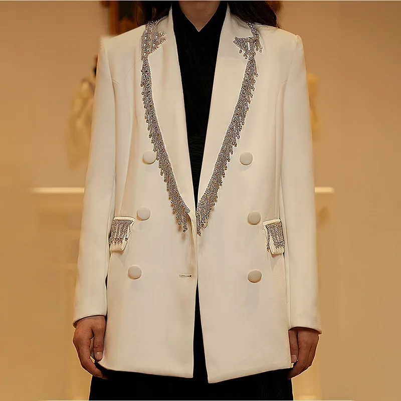 

Party Crystal Beading Women Suit 1 Pcs Jacket Autumn Designer Luxury High Quality Formal Office Lady Long Blazer Coat Prom Dress