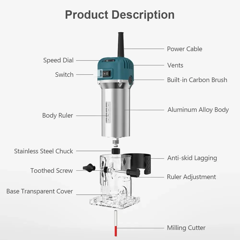 6 Speeds 800W Hand Wood Router Woodworking Electric Trimmer 110/220v for 6.35mm 30000rpm Milling Cutter Machine Power Tools wood router machine