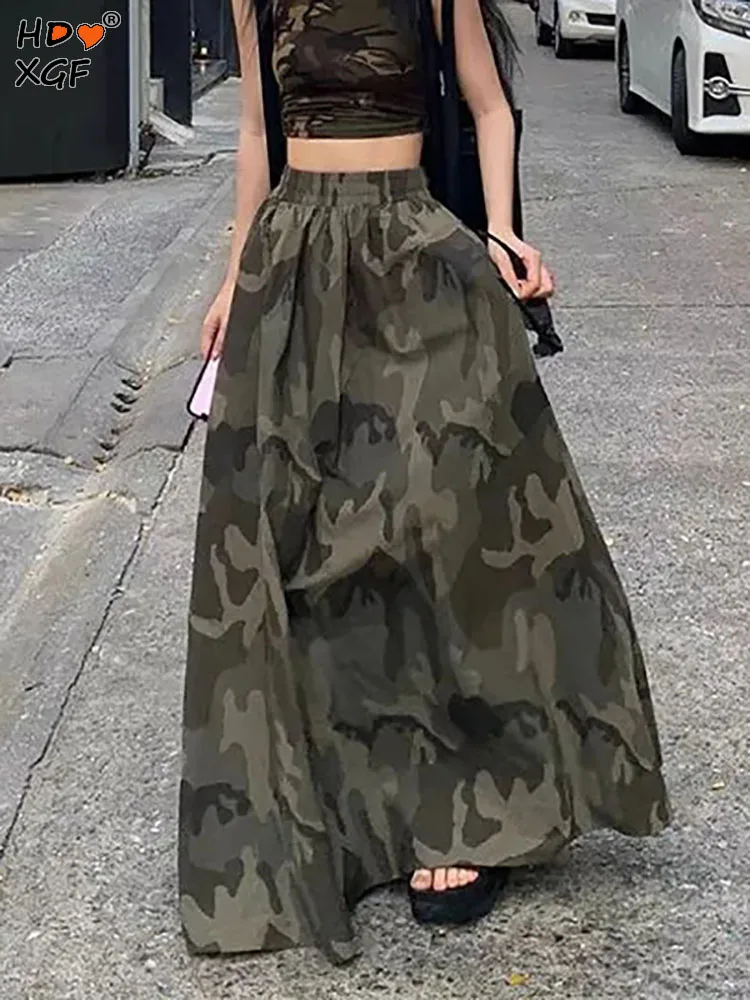 2023 Summer Camouflage Long Skirts For Women Korean Fashion Elastic A-line High Waist Umbrella Skirt Streetwear Y2k Casual Skirt