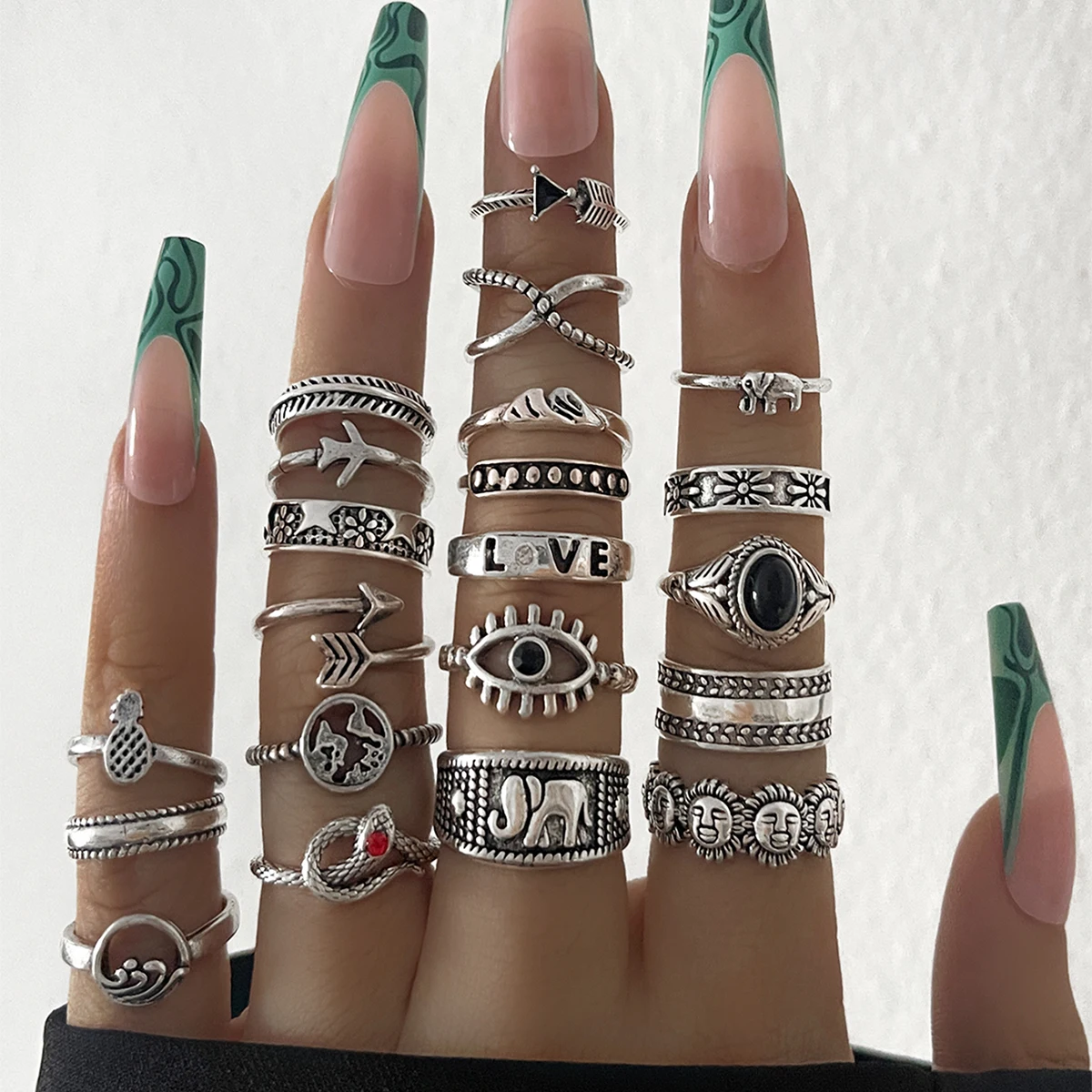 

Sindlan 21PCs Punk Evil Eye Snake Silver Color Rings for Women Vintage Sun Elephant Sun Set Female Fashion Jewelry Anillos Mujer