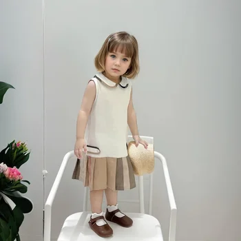 Girls Dress2025 New Summer Toddler Kids Cotton Dresses  Baby Pleated Dress Lovely Children Clothes Turn-down Collar Girl Tennis 1
