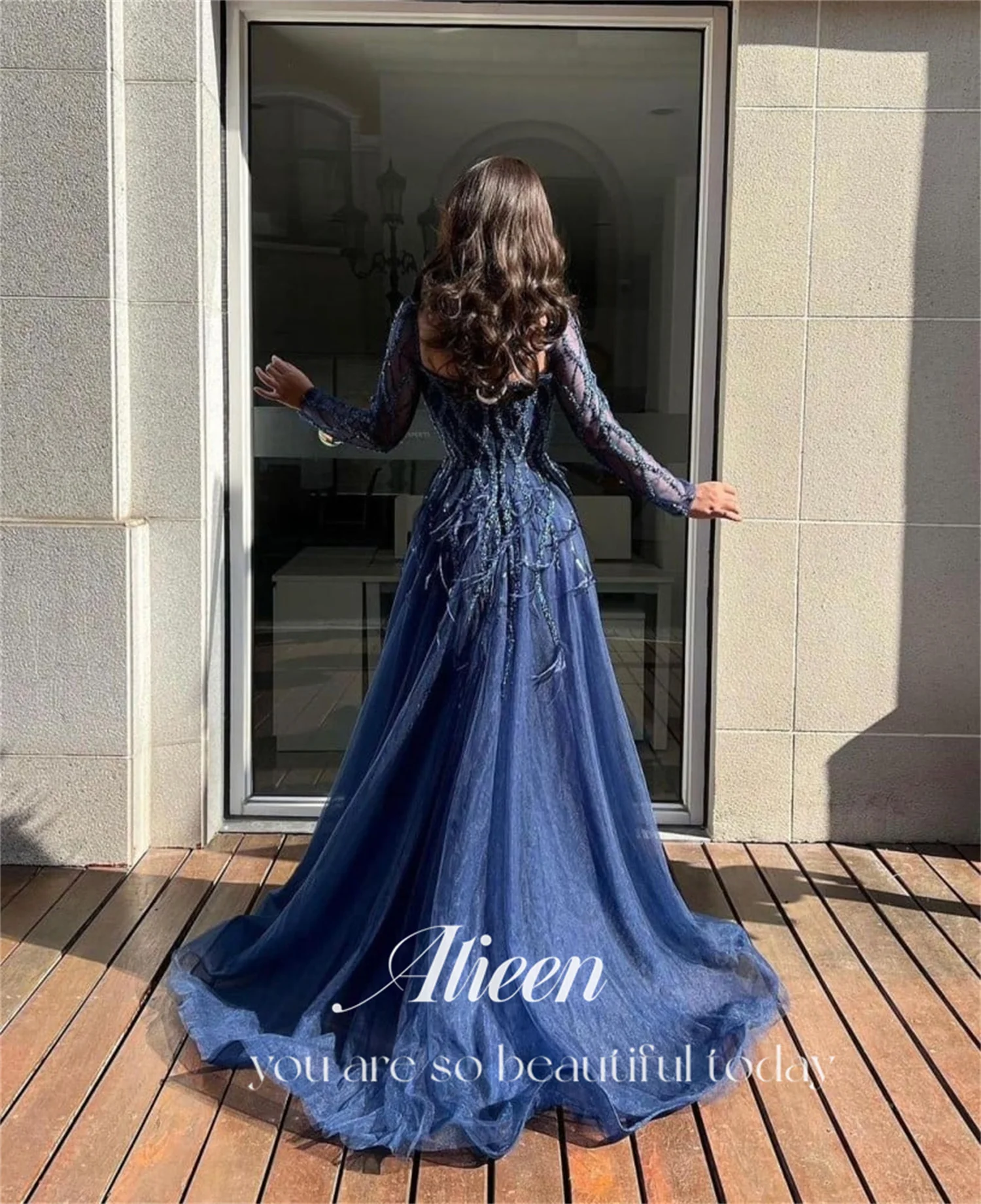 Dark Blue Beaded Feather A-Line Long Sleeve Sweetheart Dubai Luxury Evening  Dress Gala Dresses customized Ball Gowns Gown Women - AliExpress 320