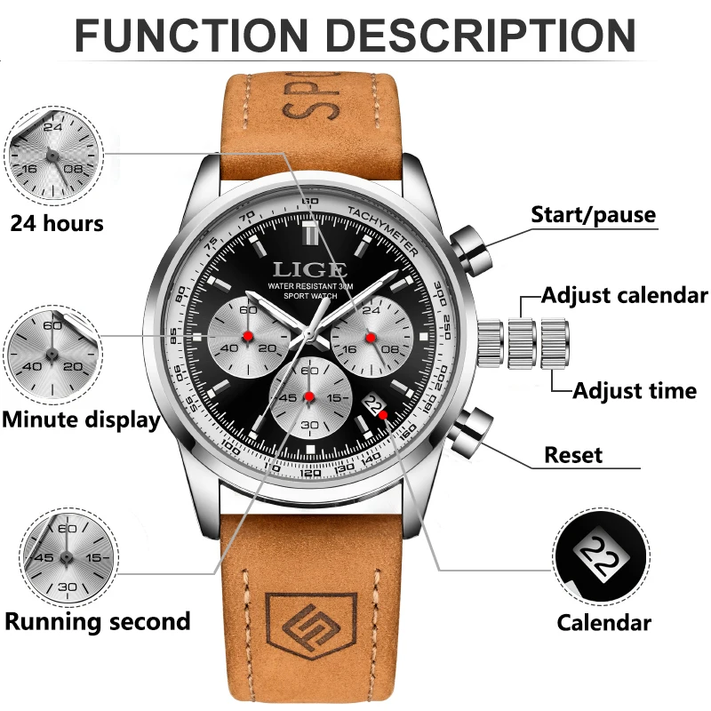 LIGE Fashion Creative Leather Watch Men Top Brand Luxury Quartz Mens Watches Military Sport Waterproof Chronograph Wristwatch