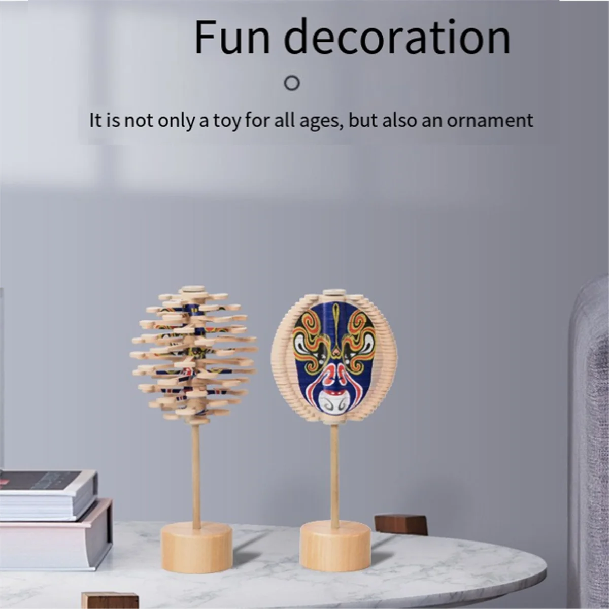 Wooden Spiral Lollipop Toys Rotating Spin Magic Wand Stress Relief for Adults Chinese Opera Face Yellow 4