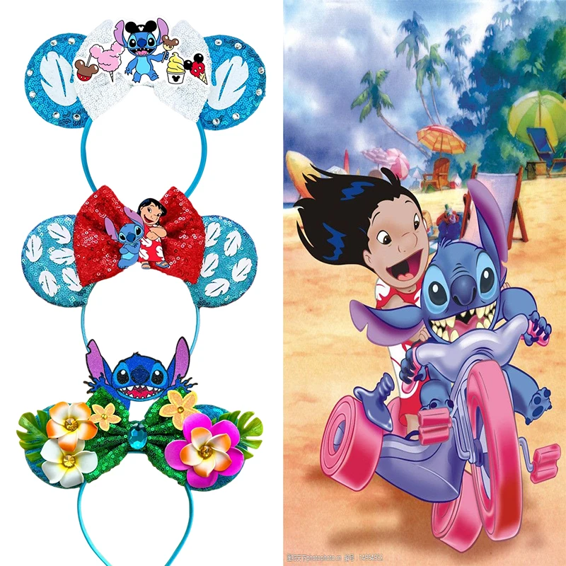 Disney Lilo & Stitch Head Bands Kids Catoon Bow Headwear Women Angel Ears Hair Band Girls Mickey Sundae Hair Accessories Baby lilo