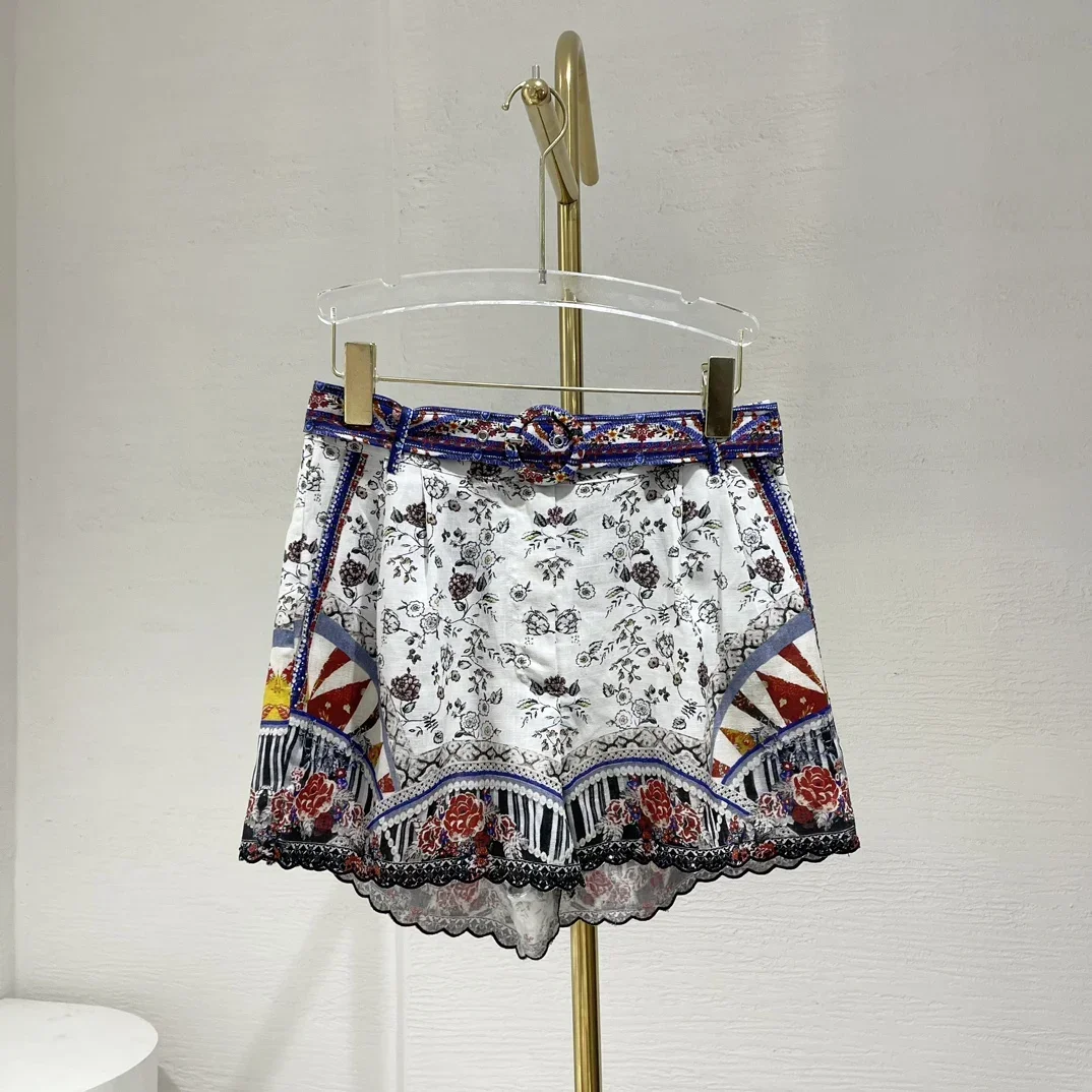 Cotton High Quality 2024 Floral Print Beach Style Sleeveless Deep V-Neck Ruffles Blouse Tops and Shorts Women Holiday Set