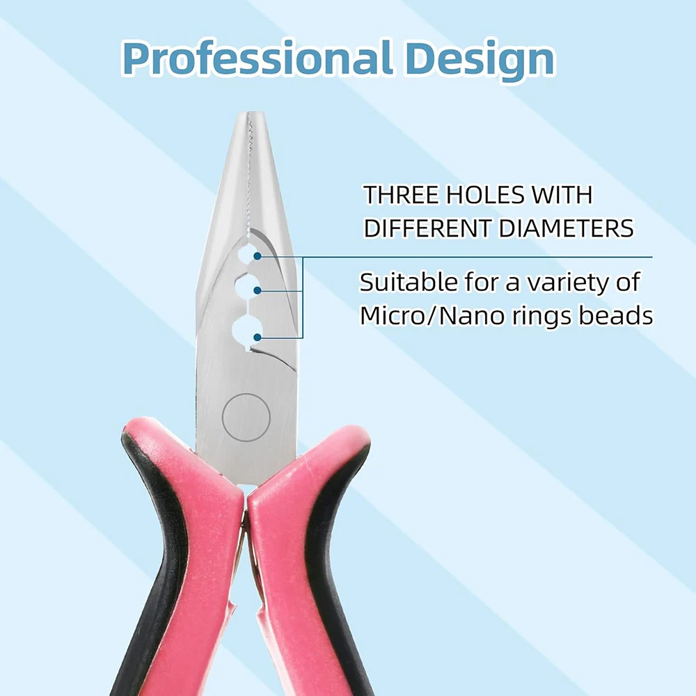 3 Holes Mini Hair Extensions Plier For Feather/Micro Nano Ring Hair Extensions Opener and Removal Tool Pink Straight Nose Pliers