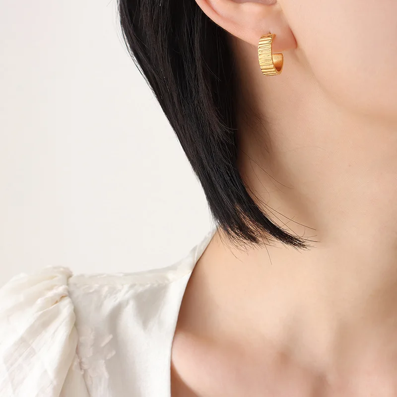

European And American Ins Style C-shaped Checkered Earrings Titanium Steel Plated 18k Gold Earrings Accessories