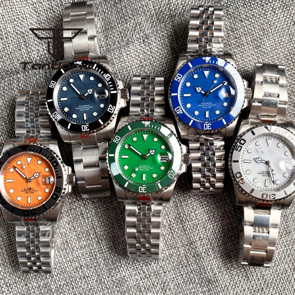 

Мужские автоматические часы 24 Драгоценности NH35A 40 мм, синий/зеленый/оранжевый/белый циферблат, Юбилейный браслет, вращающаяся рамка, винтовая корона с автоматической датой