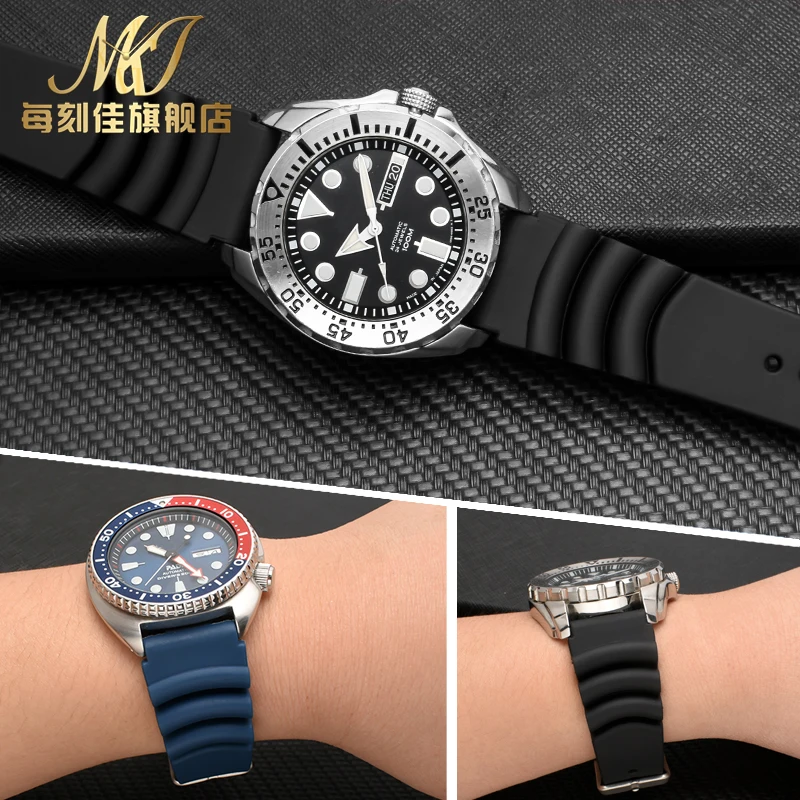 Durable Silicone Dive Strap – Black Blue Waterproof Watch Band with Pin Buckle