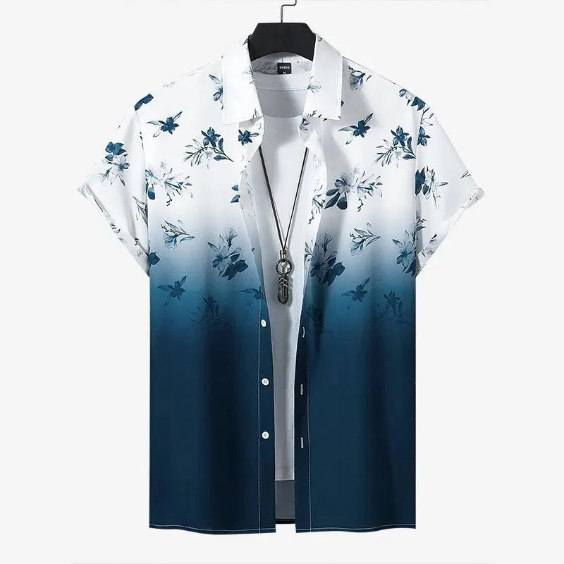 

2024 Men's Summer New Loose Floral Print Gradient Color Street Lapel Short Sleeve Shirt Casual Fashion Beach Vacation Tops