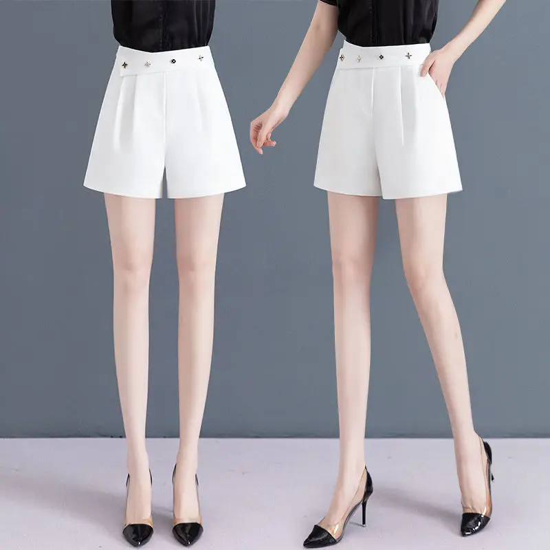 Summer New High Waist Loose Versatile Wide Leg Suit Shorts Women Solid Button Patchwork Pockets Fashion Korean Straight Shorts