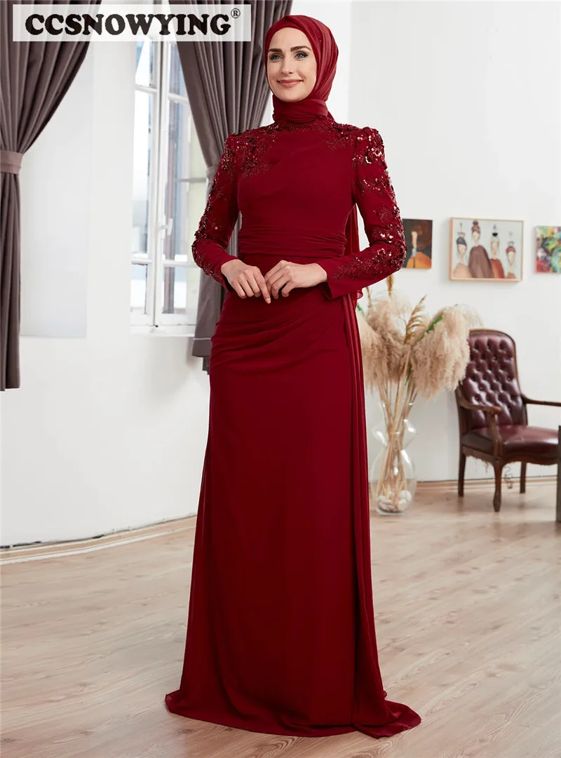 

Burgundy Chiffon Appliques Hijab Evening Dress Moroccan Caftan Long Sleeve Muslim Prom Formal Party Gown Robe De Soiree