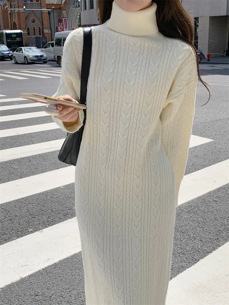 

Black Turtleneck Knitted Dress Women 2023 Winter Camel Long Knitwear Female Autumn Loose Elegant Knit Clothing Street