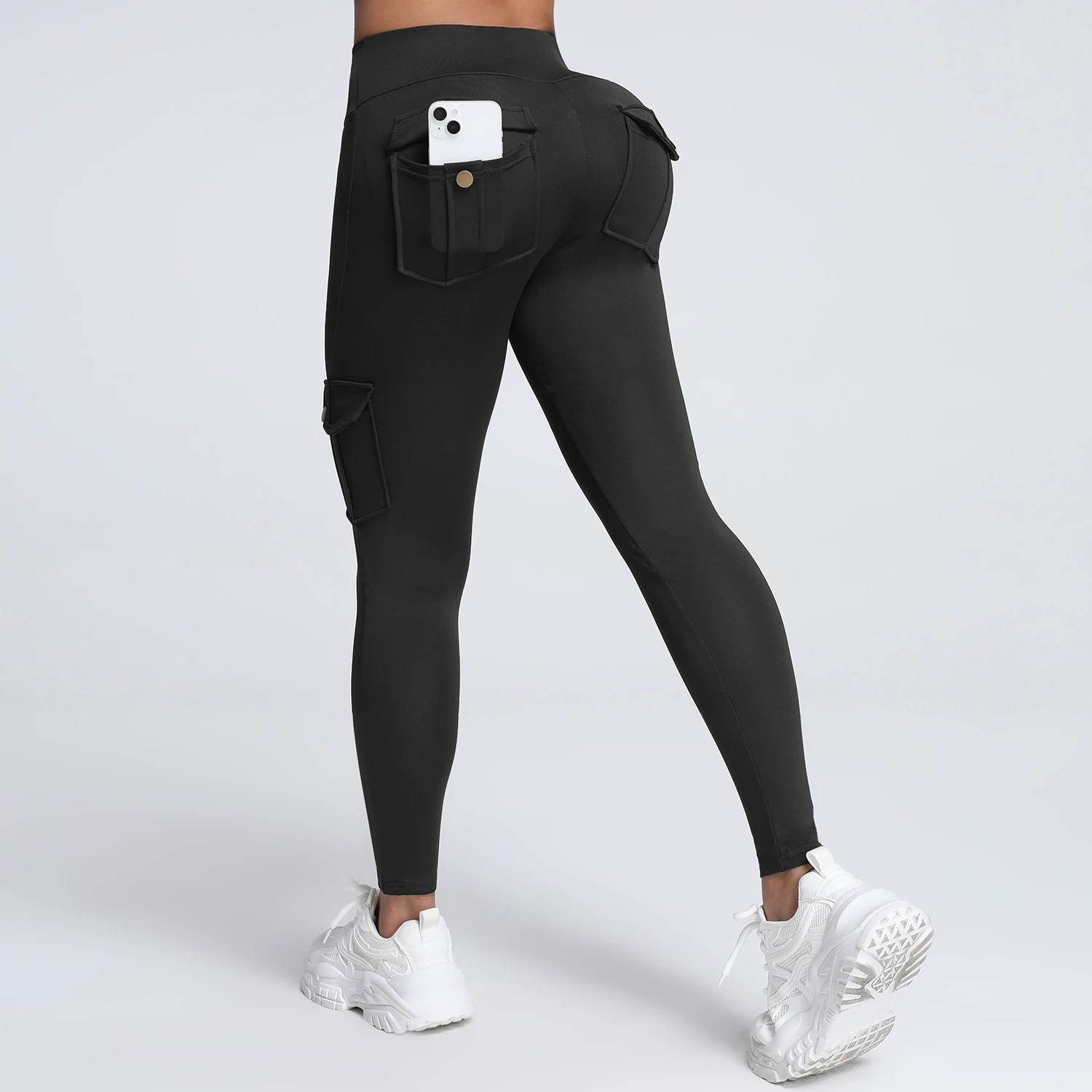 Cargo Style Fitness Pants Women's Sports Tight Leggings With Pocket Stretch High Waist Peach Hip Trousers StreetWear 5