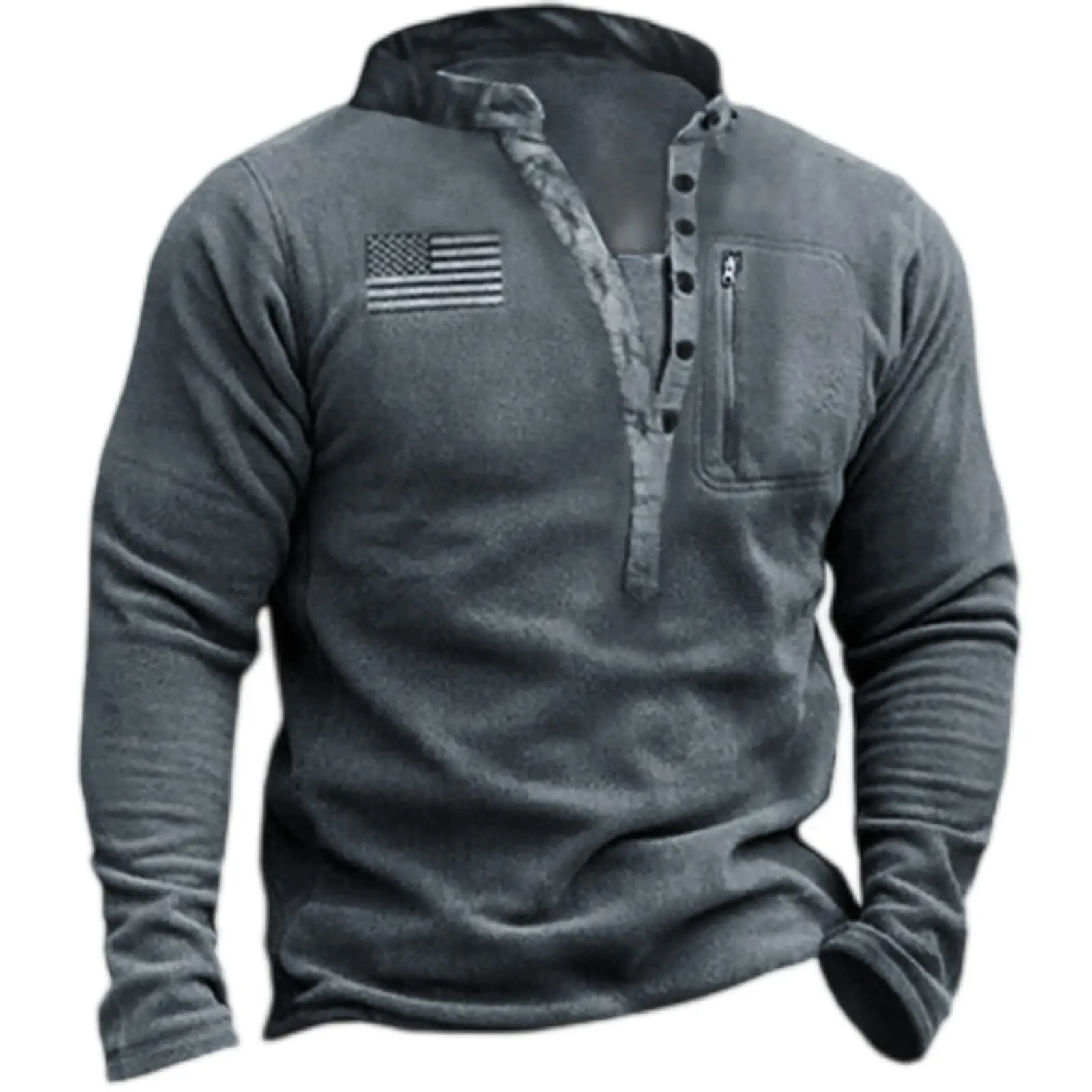 Men's Tactical Fleece Pullover Outdoor V Neck Button Up Shirt Warm Hiking Climbing Softshell Jacket
