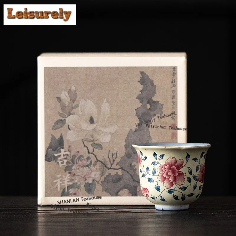 2pc/lot Twining Peony Flower Mouth Teacup Japanese Tea Bowl Water Jug Tea-tasting Personal Cup Chazhan Master Cup Tableware 50ML