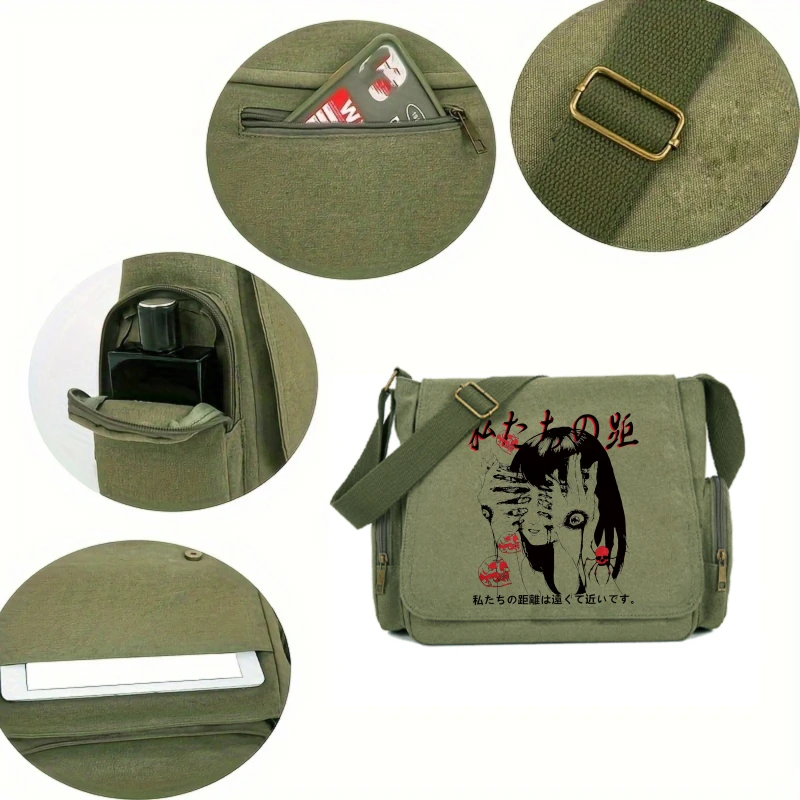 Japanese Style Vintage Women's Shoulder Bag Bag Dark Print Canvas Crossbody Bag For Women Flap Bag Large Capacity Book Bag