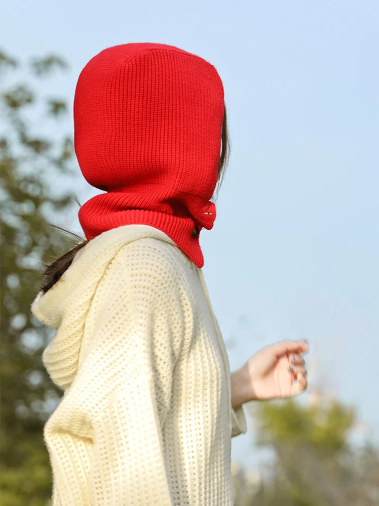 Knitted Balaclava Hat Thick Autumn Winter Soft Hood 2 Buttons Scarf Elegant Beanies Women Men Neck Warm Unisex Headgear Cap 4