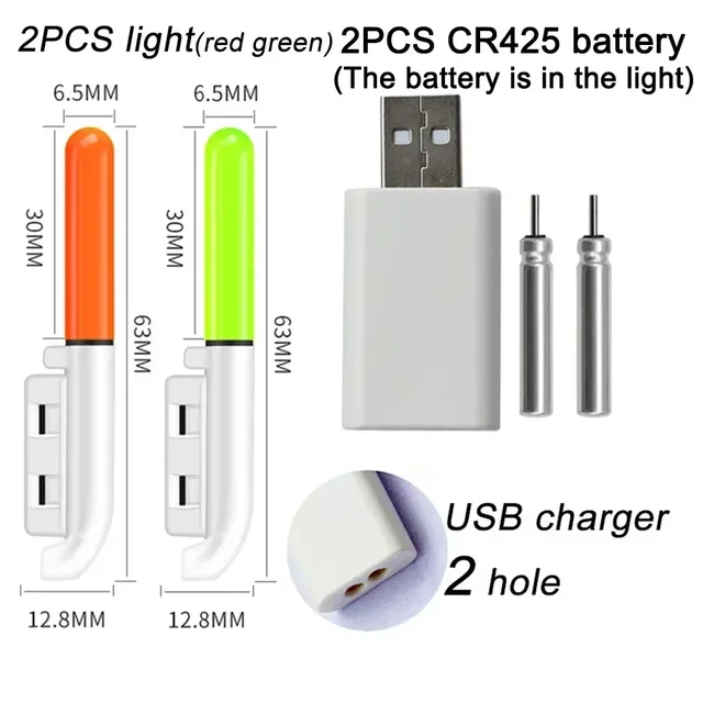 야간 낚시 조명, CR425 리튬 배터리 USB 충전 세트, 플로트 도구, 글로우 스틱 LED 낚시 태클, 형광 램프 도구