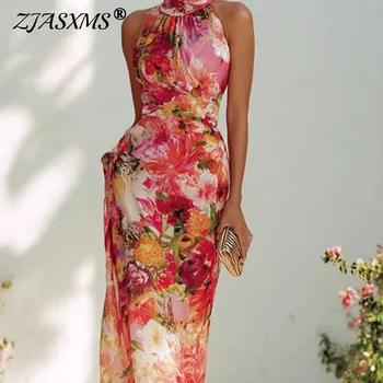 Boho Floral Print Slim Bodycon Long Dresses Woman New Spring Halter Hollow Out Party Dress Summer Sleeveless Beach Holiday Dress 1