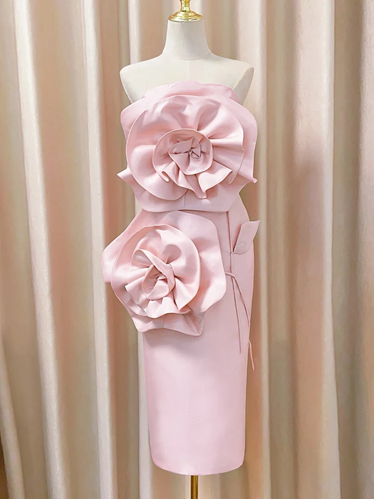 

New Sexy Breast Wrapping Long Dress Women's Slim Fitting Decorative Tie Flower Vintage 2023 Autumn Fashion Party Vestiods