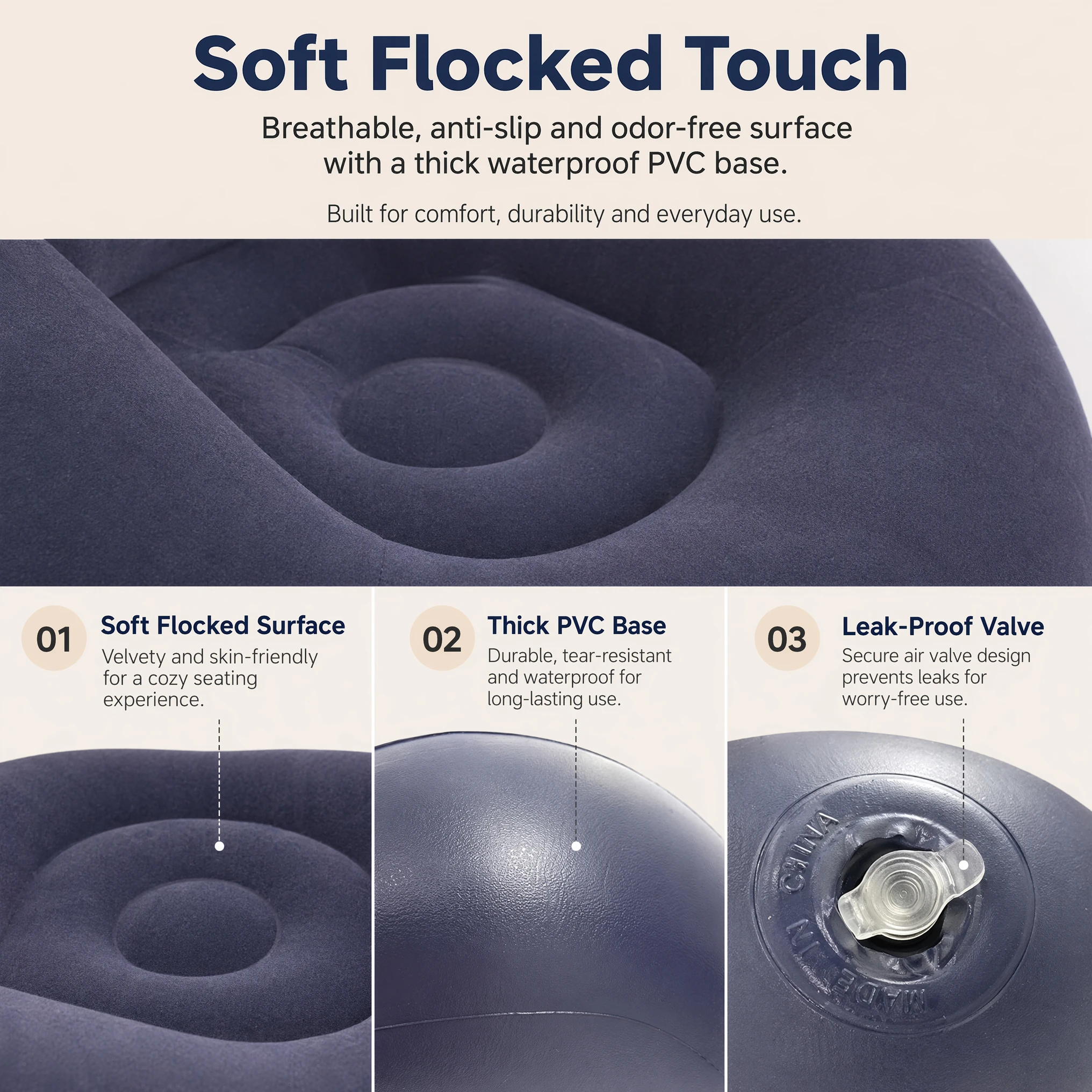 Flocking Inflatable Ball Sofa Portable Round Air Bean Bag Chair Foldable Leisure Inflatable Couch for Bedroom Living Room Indoor Home Furniture