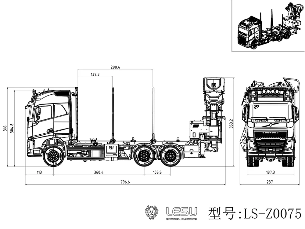 LESU 1/14 RC Hydraulic Crane Truck 6*6 FH16 Wood Timber Flatbed Transportation Car Metal Radio Control Model Cab No Included 2