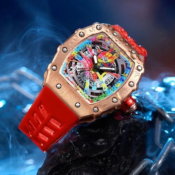 

2023 Men Watch Sports Luminous Waterproof Military Automatic Hollow quartz watch Watch for Man Boys Silicone Strap Tonneau Dial