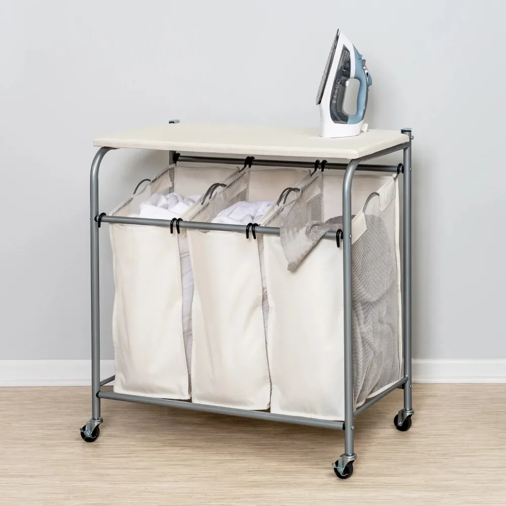 

Honey-Can-Do 3 Bag Steel Rolling Laundry Sorter with Ironing Board Top, Silver/Natural Laundry Hamper, Dirty Clothes Basket