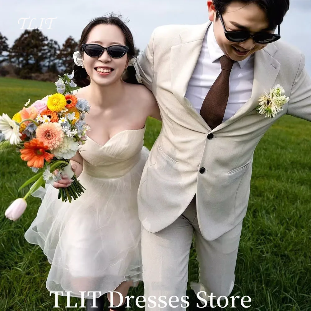 TLIT Sexy Satin Evening Gown Dress Wedding Dress Photo Shoot Strapless Sleeveless White tull Mini-Length Formal Party