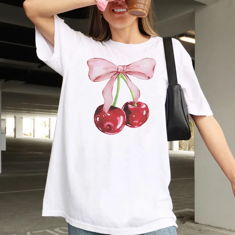Cherry Bow Printed Vintage Women’s Tee – Trendy Cottagecore Aesthetic Short Sleeve Top