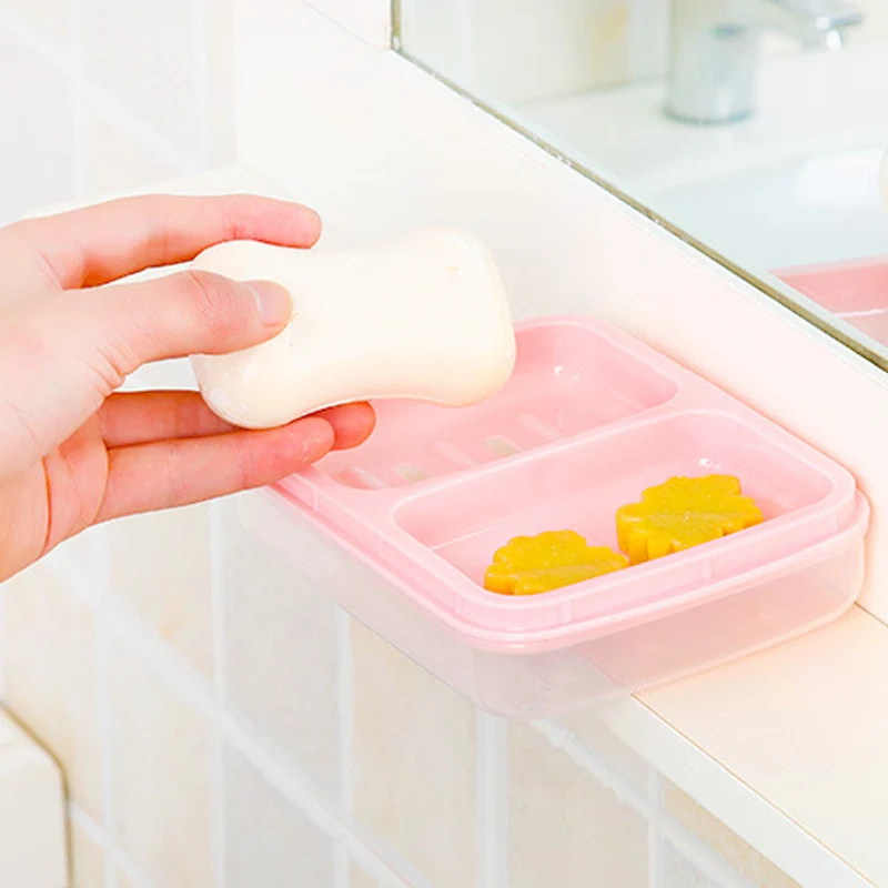 Double Grid Soap Dish with Lid Creative Portable Soap Box Drain Soap Storage Case Bathroom Accessories