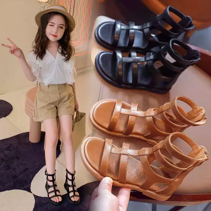 

Girls' Sandals 2024 Summer New Fashion Soft Sole High Top Baby Shoes Big Kids Princess Shoes Roman Shoes